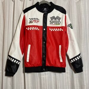 Refinery Republic Racer Jacket Mens Medium Red Faux Leather Racing Bomber *Read*